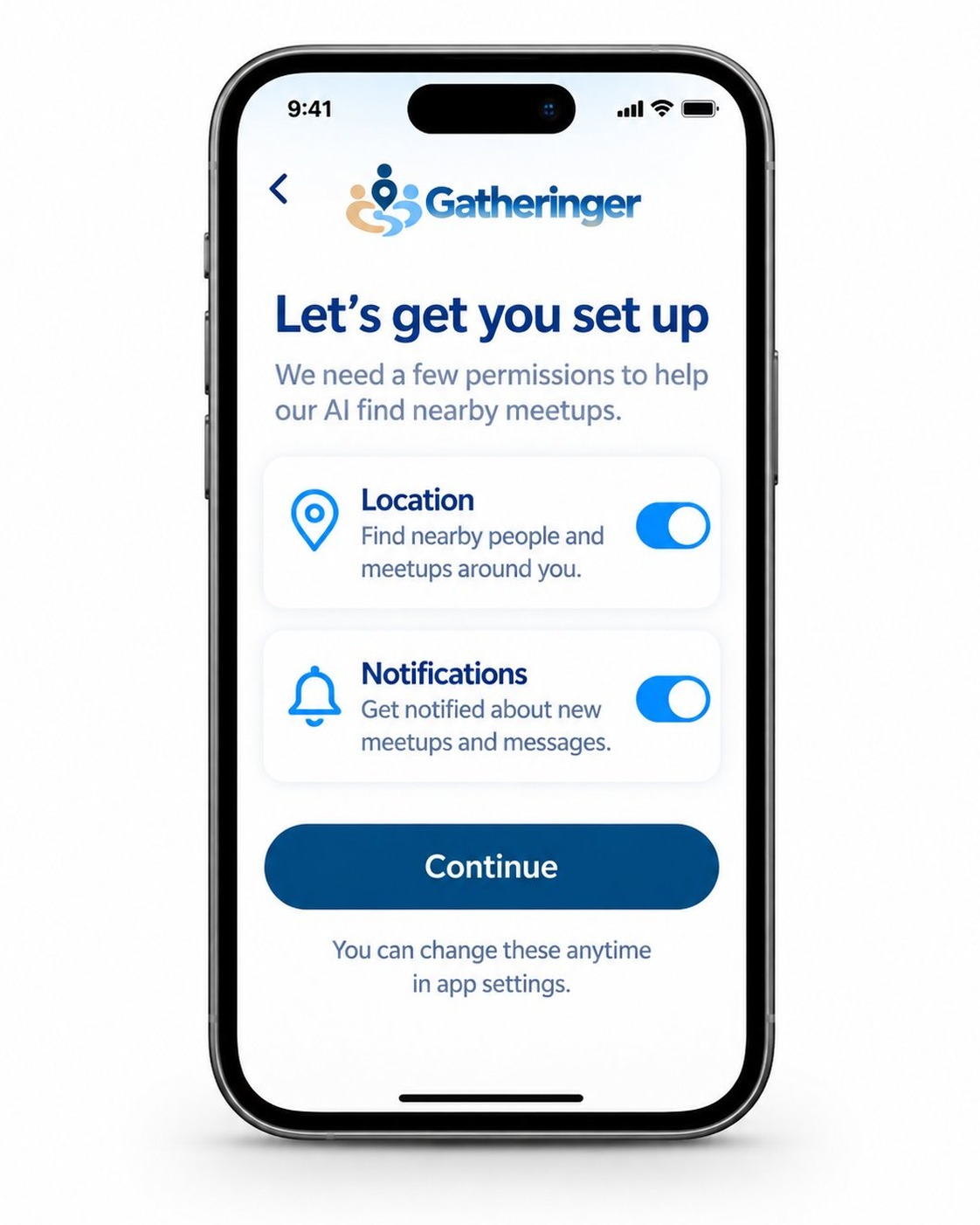 Permissions screen for location and notifications