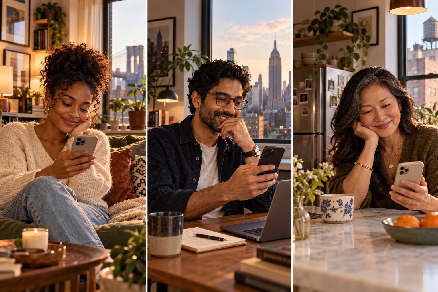Three people at home smiling at their phones