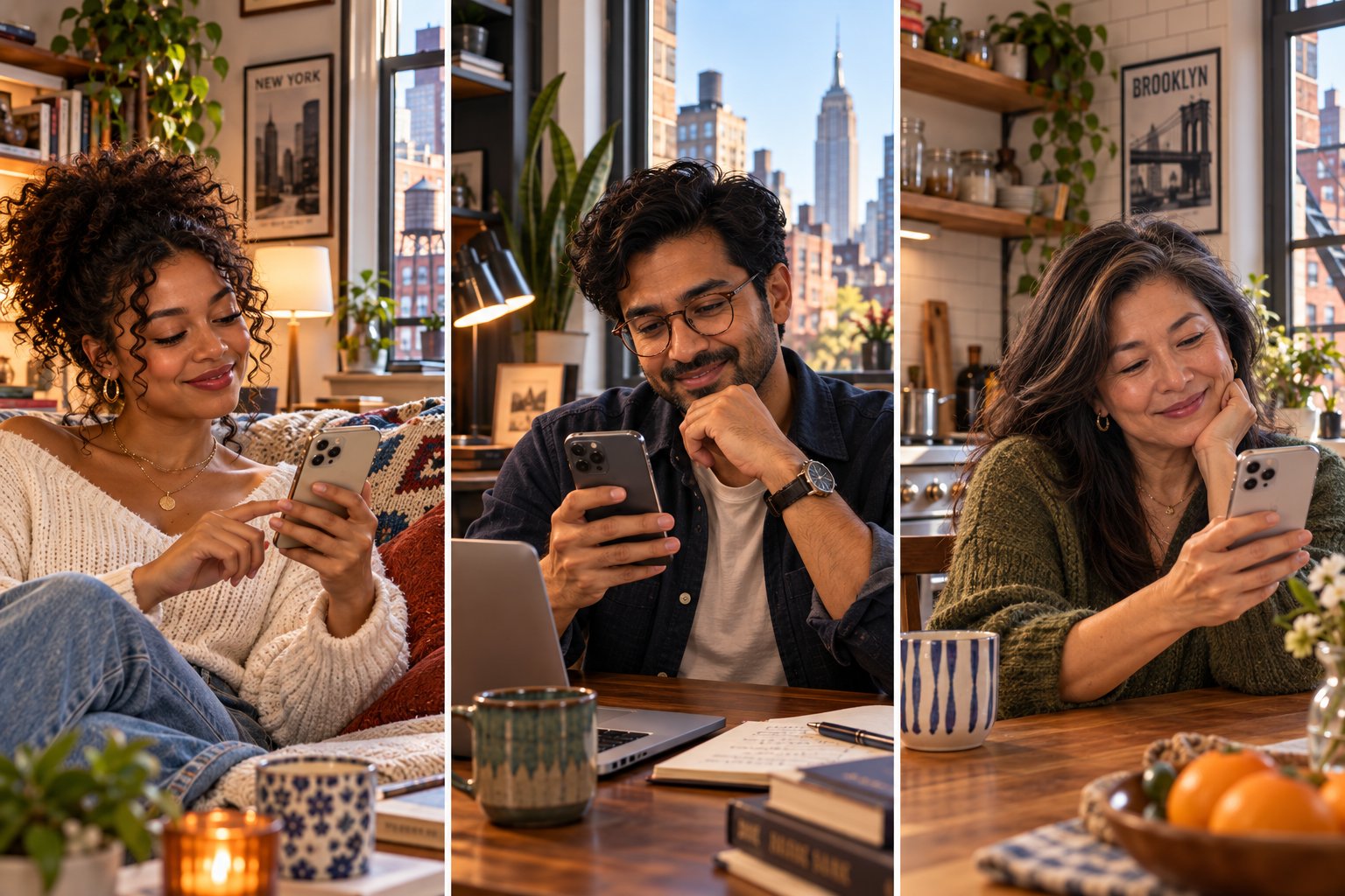 People at home smiling at their phones, finding a meetup