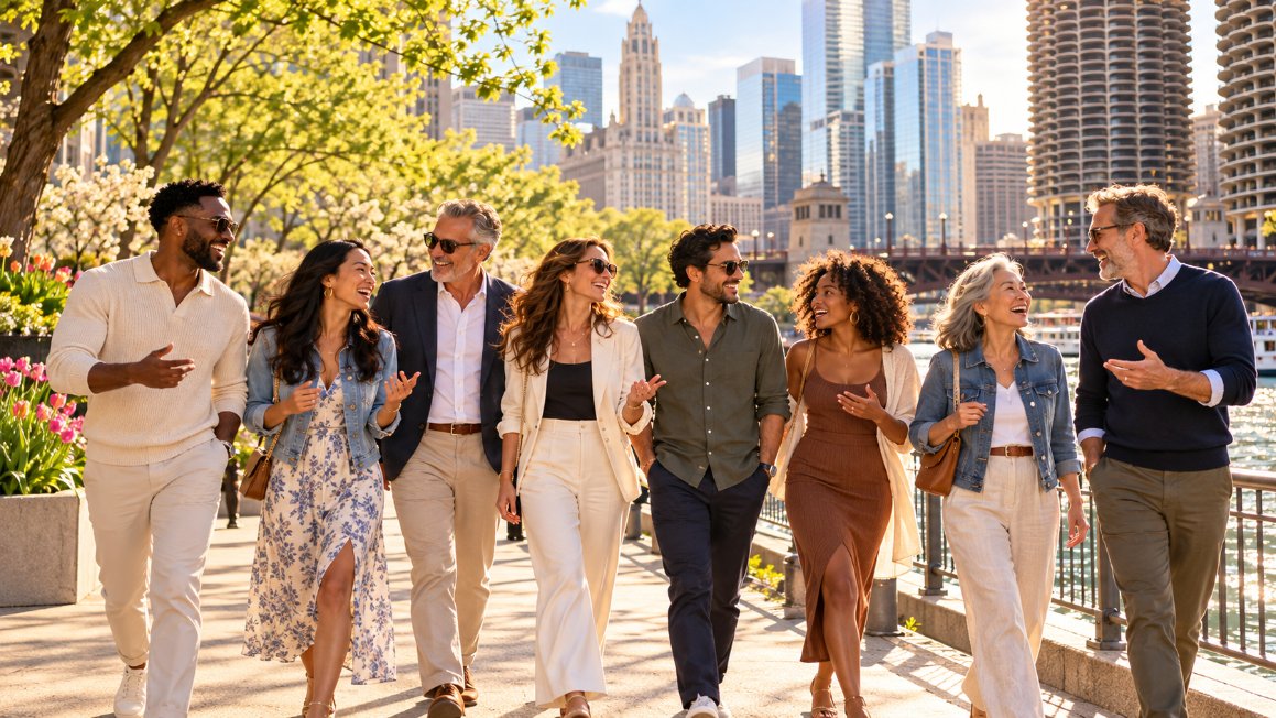 A cheerful group of people walking and talking together in the city
