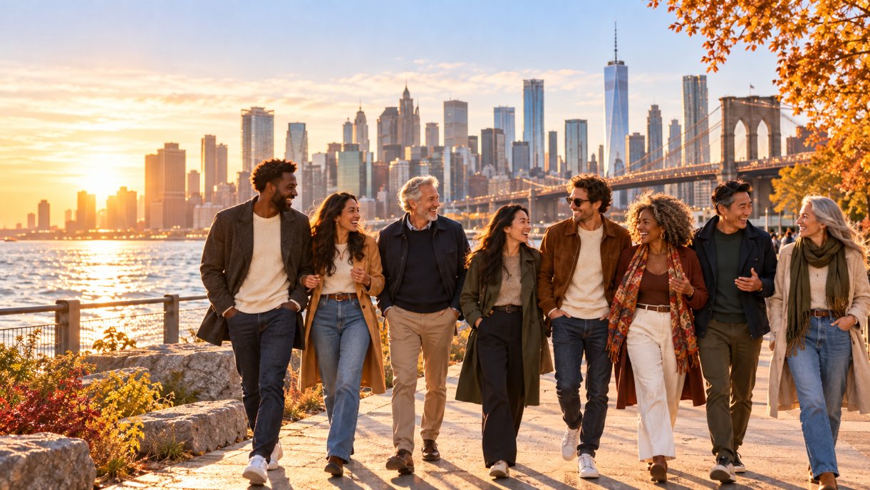 Group of friends walking by the water at sunset in New York