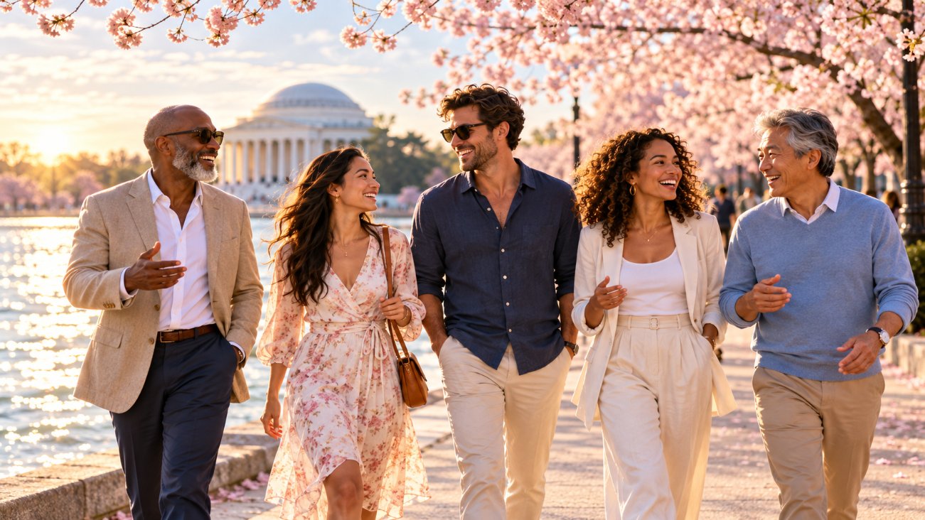 Friends laughing on a spring walk among cherry blossoms