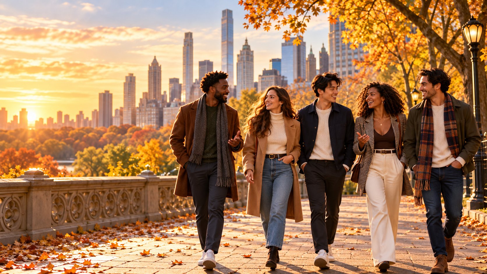 People of different ages walking and laughing together on an autumn day